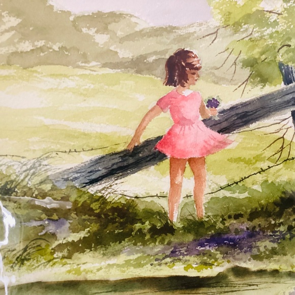 Original Watercolor Painting Little Girl W/Flowers Artist Signed Matted Sealed - Picture 5 of 10